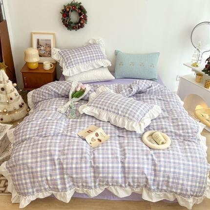 91家纺网 家纺一手货源 找家纺 昔可2022新款花边格子系列四件套 布兰妮紫格