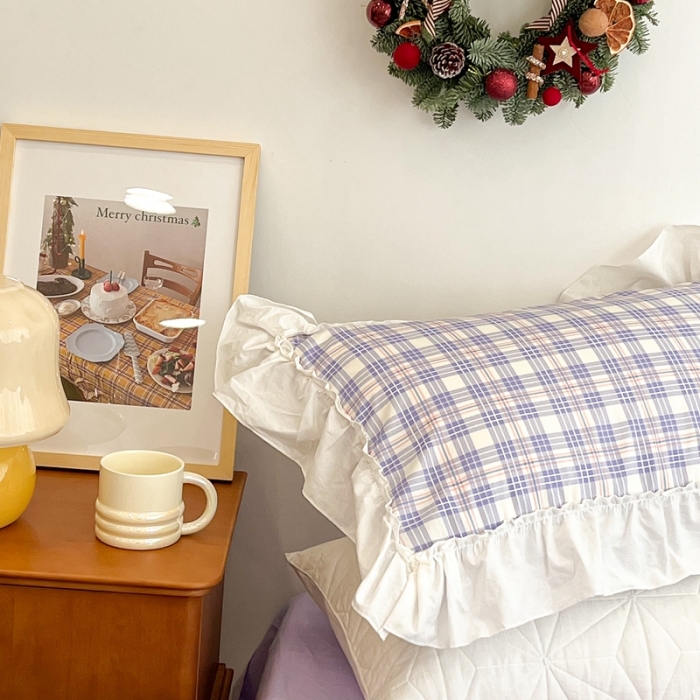 91家纺网 家纺一手货源 找家纺 昔可2022新款花边格子系列四件套 布兰妮紫格