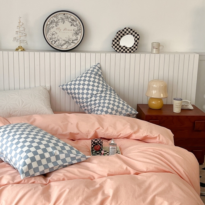 91家纺网 家纺一手货源 找家纺 昔可2022新款混搭纯色棋盘格套件四件套 粉玉蓝棋盘