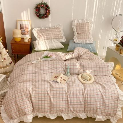 91家纺网 家纺一手货源 找家纺 昔可2022新款花边格子系列四件套 海盐焦糖格