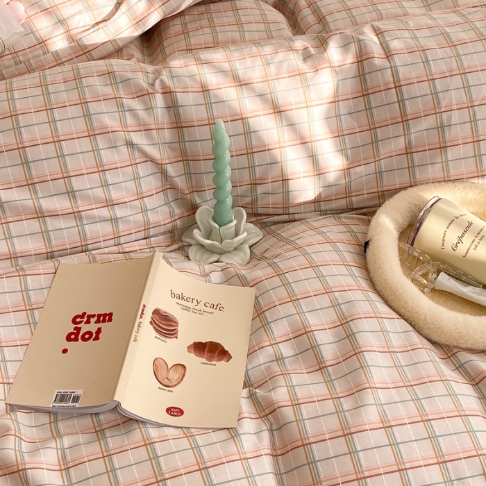 91家纺网 家纺一手货源 找家纺 昔可2022新款花边格子系列四件套 海盐焦糖格