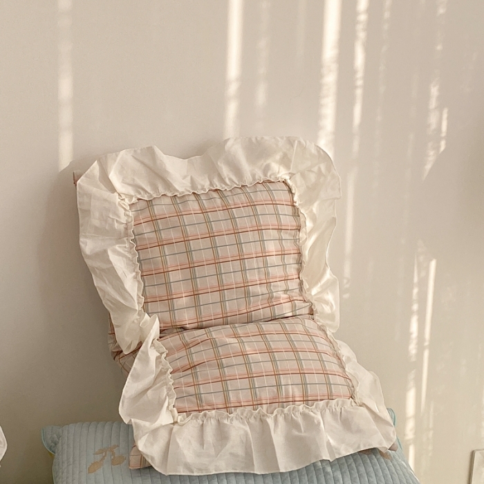 91家纺网 家纺一手货源 找家纺 昔可2022新款花边格子系列四件套 海盐焦糖格