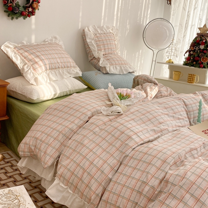 91家纺网 家纺一手货源 找家纺 昔可2022新款花边格子系列四件套 海盐焦糖格