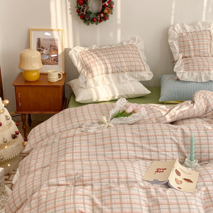 91家纺网 家纺一手货源 找家纺 昔可2022新款花边格子系列四件套 海盐焦糖格