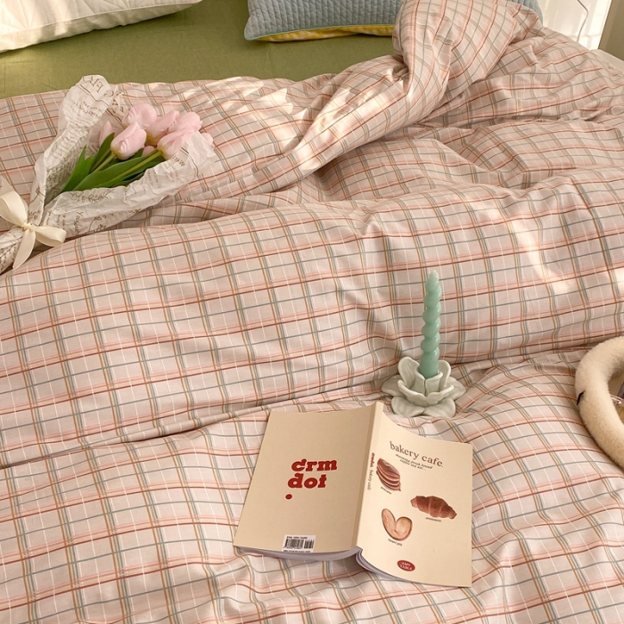 91家纺网 家纺一手货源 找家纺 昔可2022新款花边格子系列四件套 海盐焦糖格