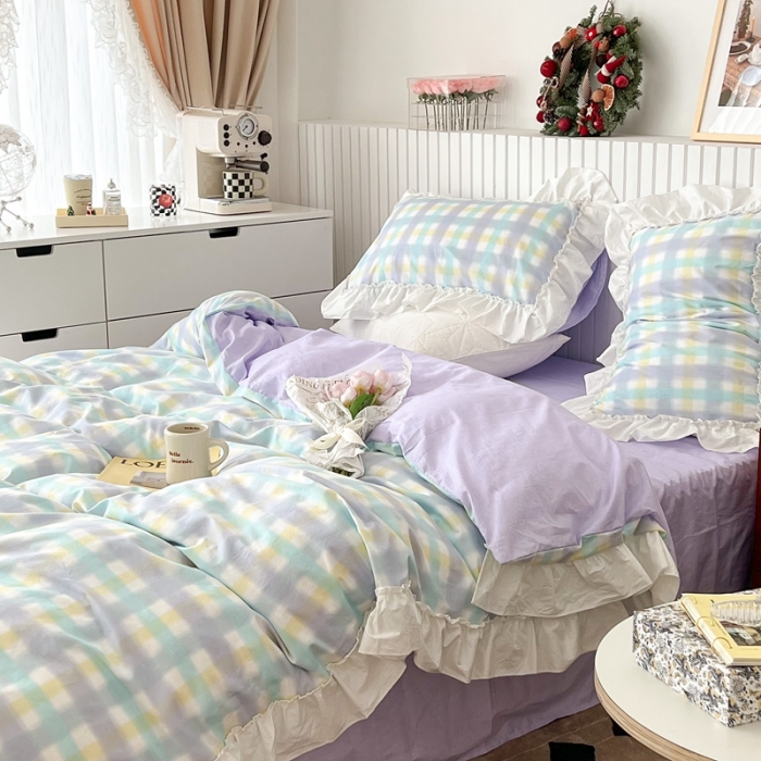 91家纺网 家纺一手货源 找家纺 昔可2022新款花边格子系列四件套 罗马假日蓝紫