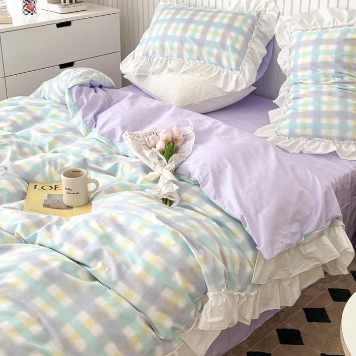 91家纺网 家纺一手货源 找家纺 昔可2022新款花边格子系列四件套 罗马假日蓝紫