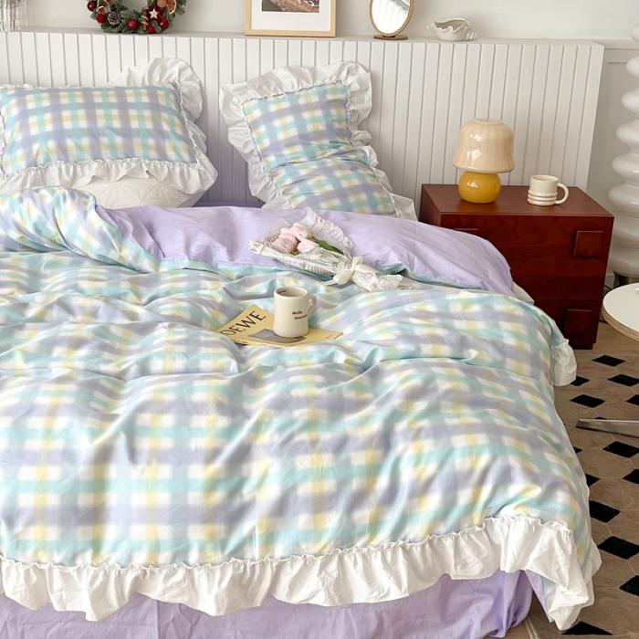 91家纺网 家纺一手货源 找家纺 昔可2022新款花边格子系列四件套 罗马假日蓝紫