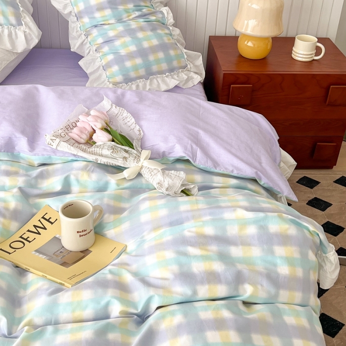 91家纺网 家纺一手货源 找家纺 昔可2022新款花边格子系列四件套 罗马假日蓝紫