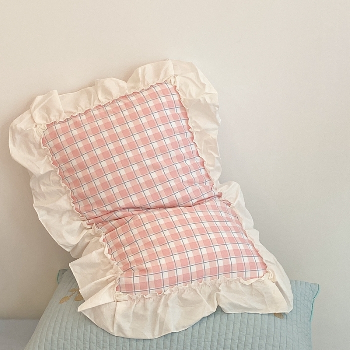 91家纺网 家纺一手货源 找家纺 昔可2022新款花边格子系列四件套 日落粉格