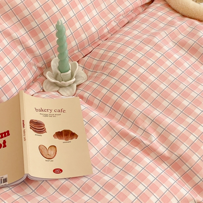 91家纺网 家纺一手货源 找家纺 昔可2022新款花边格子系列四件套 日落粉格