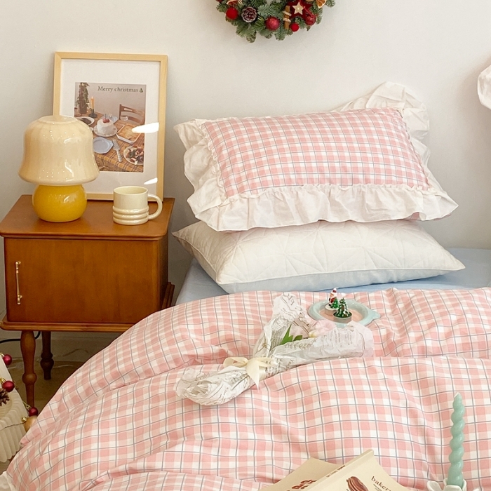 91家纺网 家纺一手货源 找家纺 昔可2022新款花边格子系列四件套 日落粉格