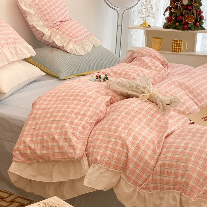 91家纺网 家纺一手货源 找家纺 昔可2022新款花边格子系列四件套 日落粉格