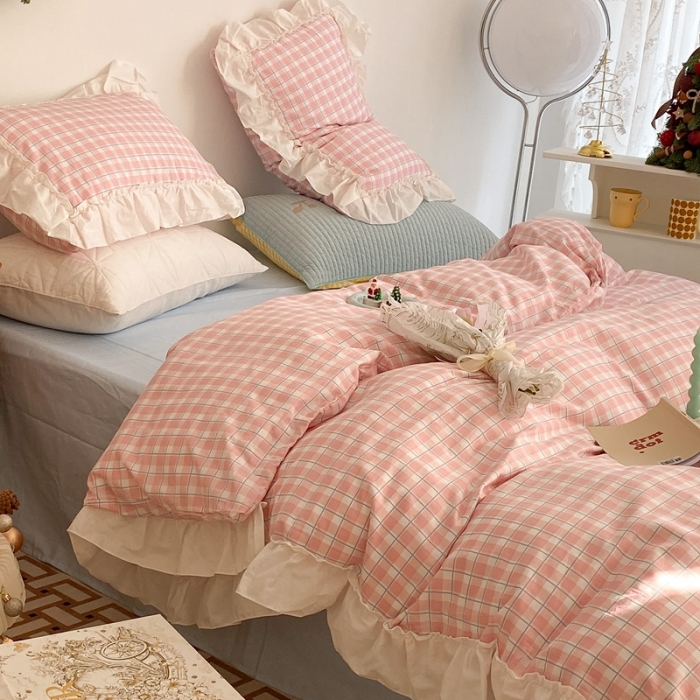 91家纺网 家纺一手货源 找家纺 昔可2022新款花边格子系列四件套 日落粉格