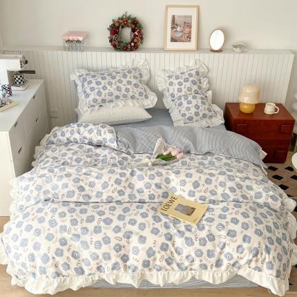 91家纺网 家纺一手货源 找家纺 昔可2022新款复古花花边四件套 蓝色花海