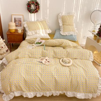 91家纺网 家纺一手货源 找家纺 昔可2022新款花边格子系列四件套 日落黄格