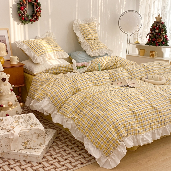 91家纺网 家纺一手货源 找家纺 昔可2022新款花边格子系列四件套 日落黄格