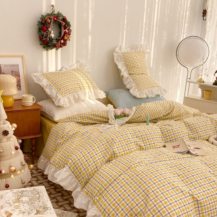 91家纺网 家纺一手货源 找家纺 昔可2022新款花边格子系列四件套 日落黄格
