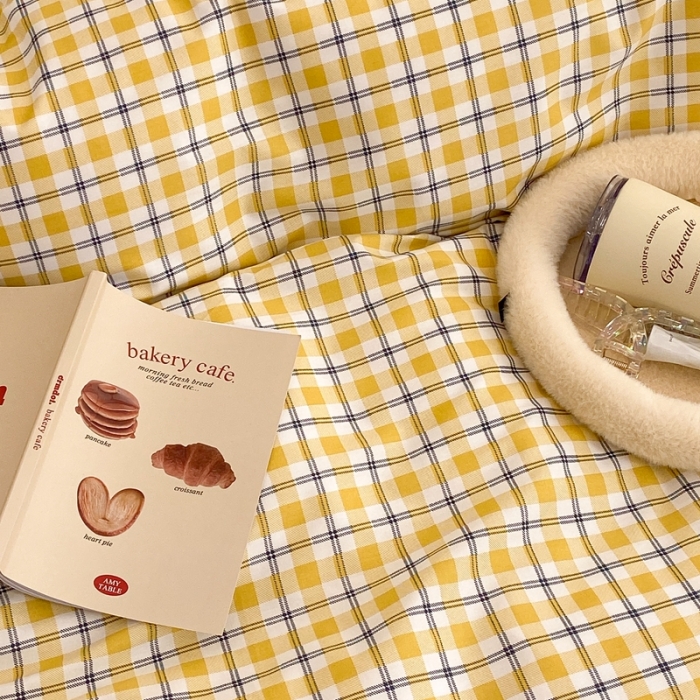 91家纺网 家纺一手货源 找家纺 昔可2022新款花边格子系列四件套 日落黄格