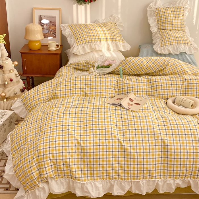 91家纺网 家纺一手货源 找家纺 昔可2022新款花边格子系列四件套 日落黄格