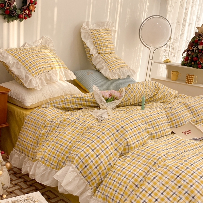 91家纺网 家纺一手货源 找家纺 昔可2022新款花边格子系列四件套 日落黄格