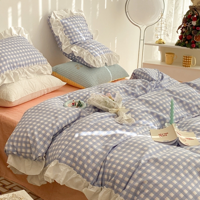 91家纺网 家纺一手货源 找家纺 昔可2022新款花边格子系列四件套 日落蓝格