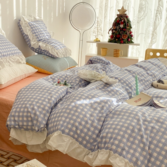 91家纺网 家纺一手货源 找家纺 昔可2022新款花边格子系列四件套 日落蓝格