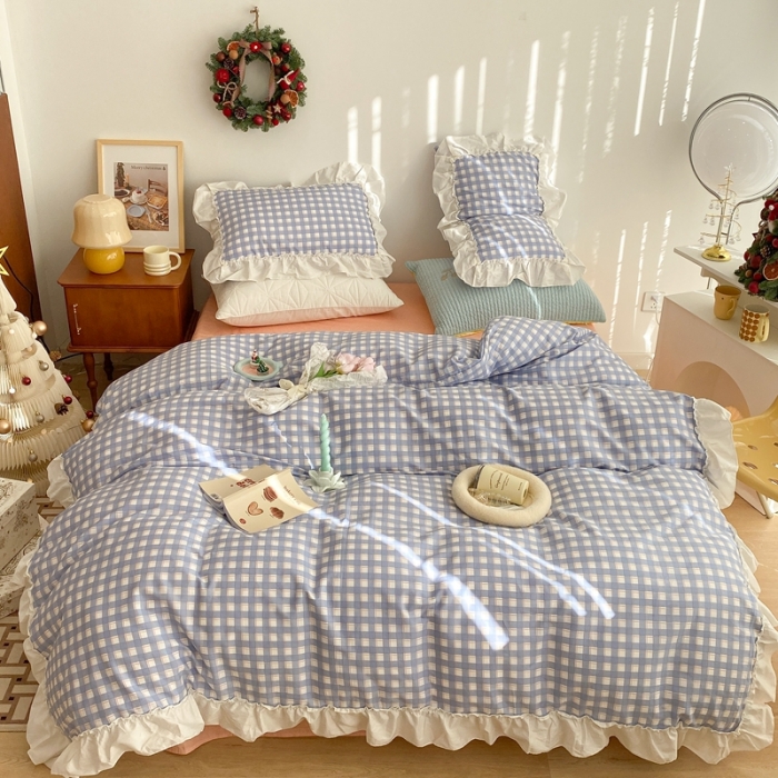 91家纺网 家纺一手货源 找家纺 昔可2022新款花边格子系列四件套 日落蓝格