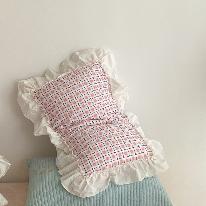 91家纺网 家纺一手货源 找家纺 昔可2022新款花边格子系列四件套 士多啤梨粉