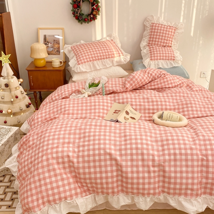 91家纺网 家纺一手货源 找家纺 昔可2022新款花边格子系列四件套 丝雾蜜桃格