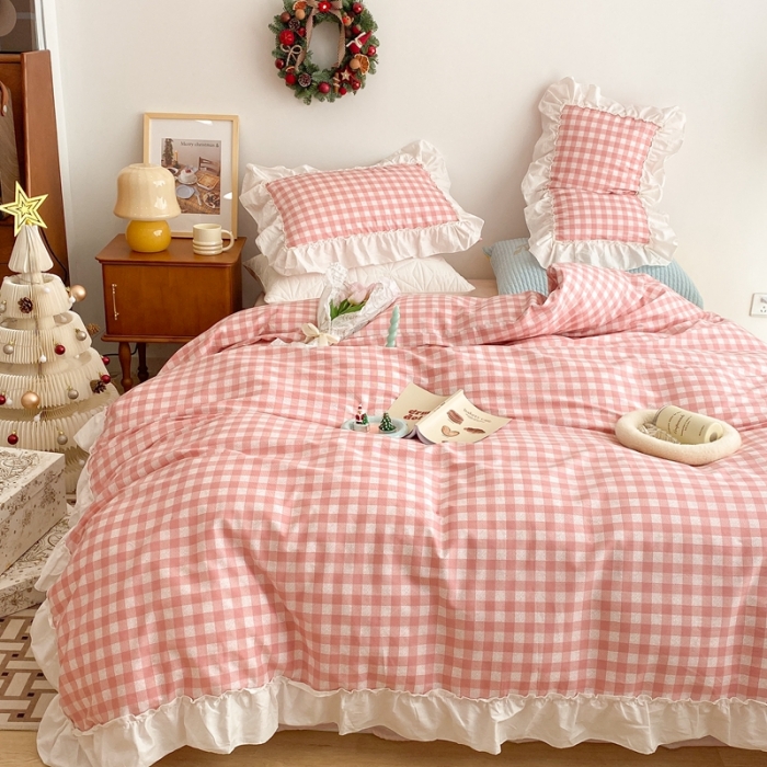 91家纺网 家纺一手货源 找家纺 昔可2022新款花边格子系列四件套 丝雾蜜桃格