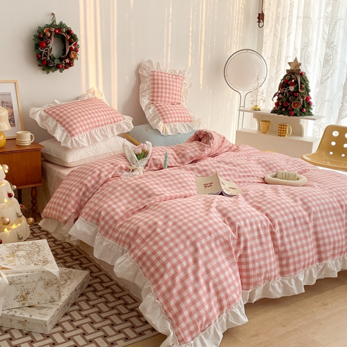 91家纺网 家纺一手货源 找家纺 昔可2022新款花边格子系列四件套 丝雾蜜桃格