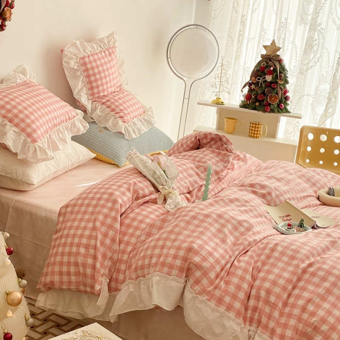 91家纺网 家纺一手货源 找家纺 昔可2022新款花边格子系列四件套 丝雾蜜桃格