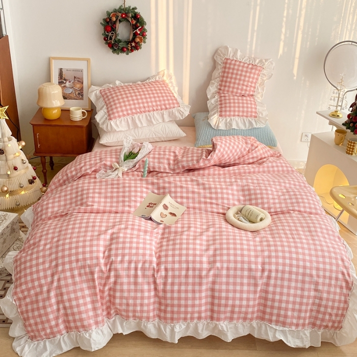 91家纺网 家纺一手货源 找家纺 昔可2022新款花边格子系列四件套 丝雾蜜桃格