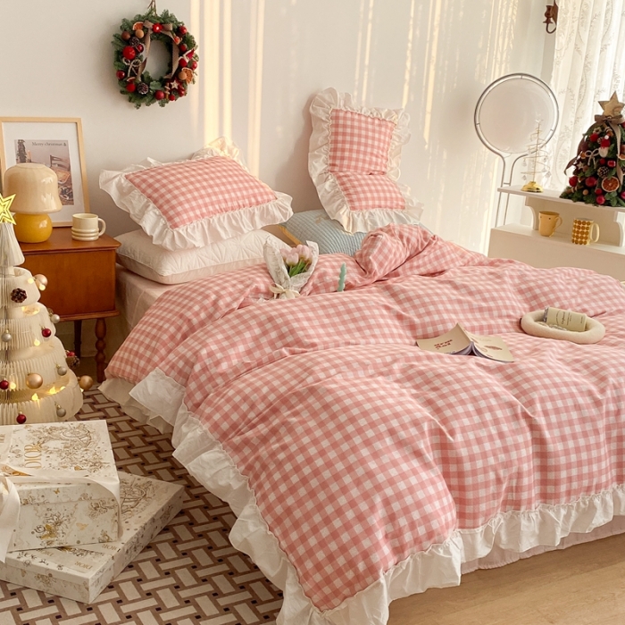 91家纺网 家纺一手货源 找家纺 昔可2022新款花边格子系列四件套 丝雾蜜桃格