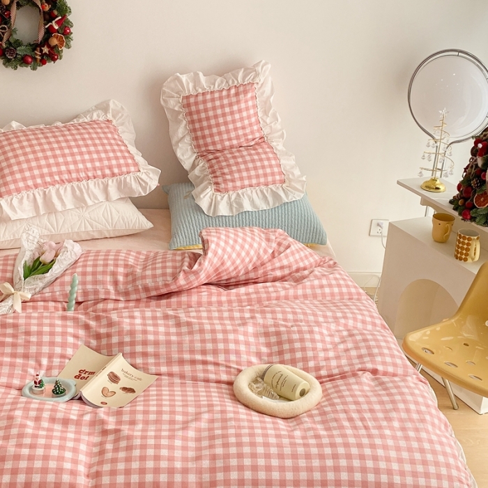 91家纺网 家纺一手货源 找家纺 昔可2022新款花边格子系列四件套 丝雾蜜桃格