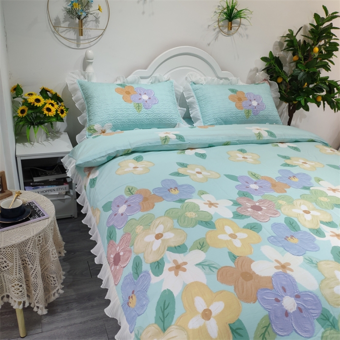 91家纺网 家纺一手货源 找家纺 添越 2024花边纯棉夹棉床盖三件套全棉 梦境