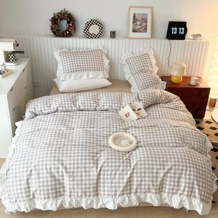 91家纺网 家纺一手货源 找家纺 昔可2022新款花边格子系列四件套 苏格咖