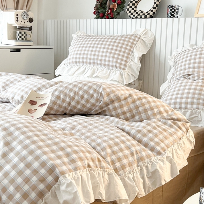 91家纺网 家纺一手货源 找家纺 昔可2022新款花边格子系列四件套 苏格咖