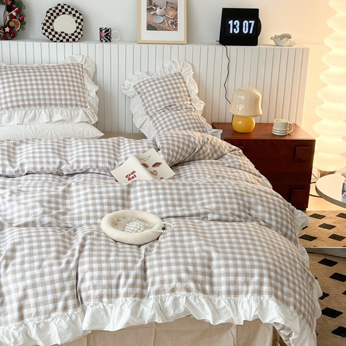 91家纺网 家纺一手货源 找家纺 昔可2022新款花边格子系列四件套 苏格咖