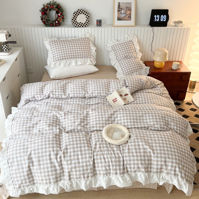 91家纺网 家纺一手货源 找家纺 昔可2022新款花边格子系列四件套 苏格咖