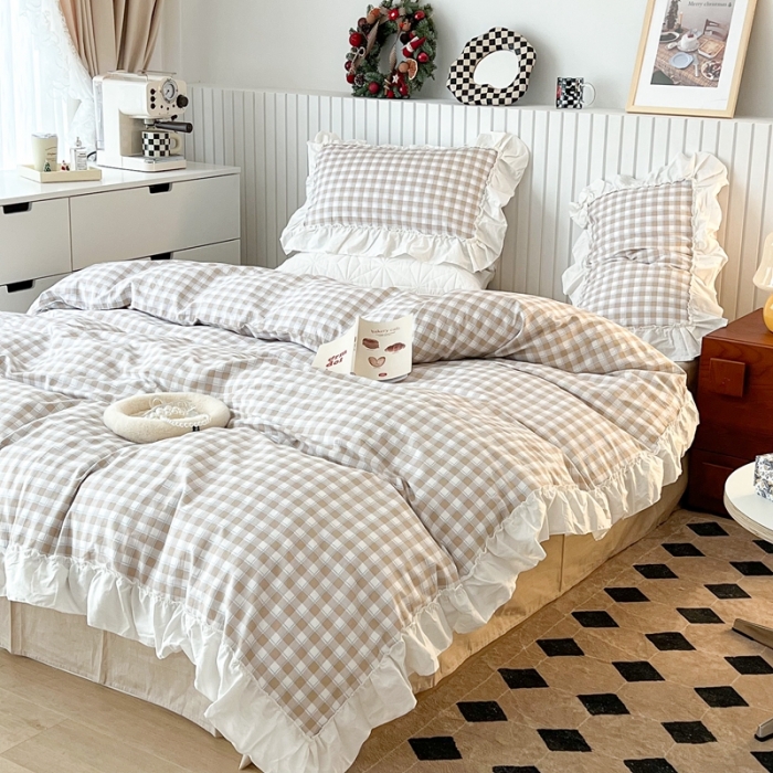 91家纺网 家纺一手货源 找家纺 昔可2022新款花边格子系列四件套 苏格咖