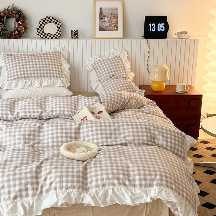 91家纺网 家纺一手货源 找家纺 昔可2022新款花边格子系列四件套 苏格咖