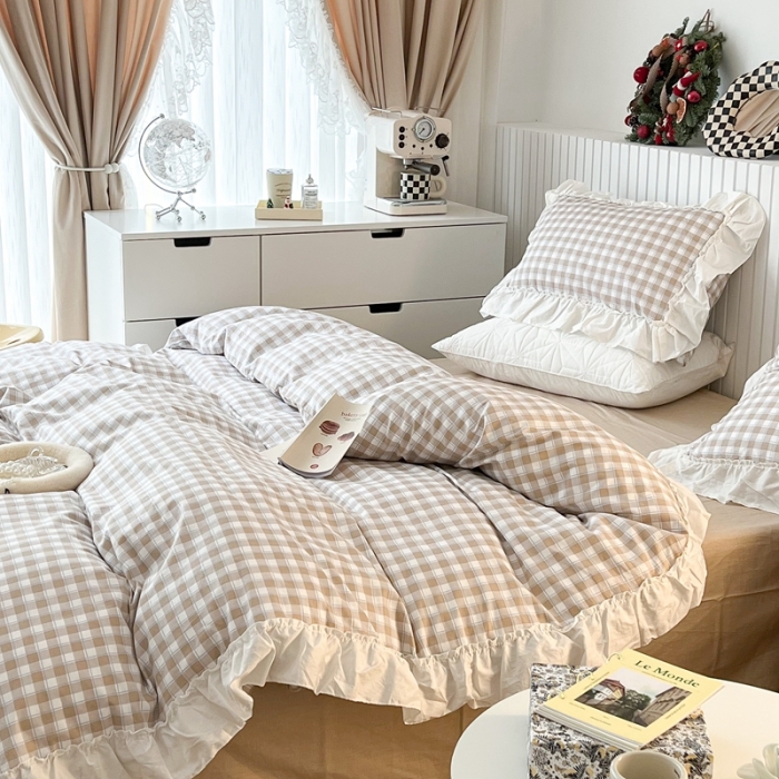 91家纺网 家纺一手货源 找家纺 昔可2022新款花边格子系列四件套 苏格咖