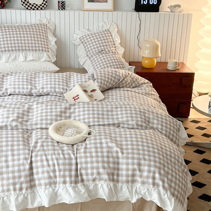 91家纺网 家纺一手货源 找家纺 昔可2022新款花边格子系列四件套 苏格咖