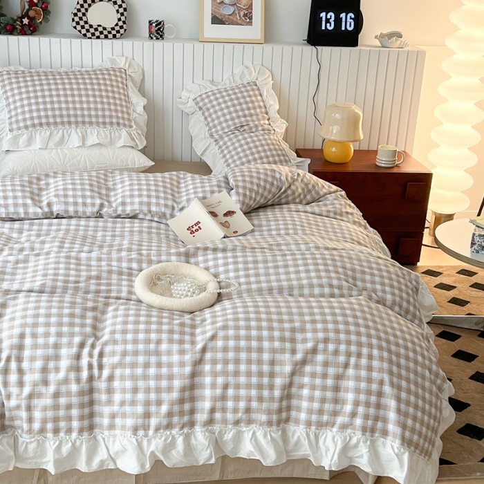 91家纺网 家纺一手货源 找家纺 昔可2022新款花边格子系列四件套 苏格咖