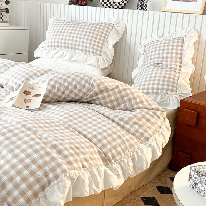 91家纺网 家纺一手货源 找家纺 昔可2022新款花边格子系列四件套 苏格咖