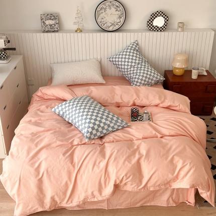 91家纺网 家纺一手货源 找家纺 昔可2022新款混搭纯色棋盘格套件四件套 粉玉蓝棋盘