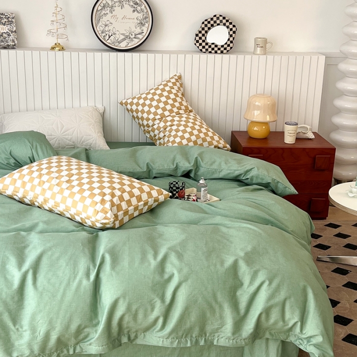 91家纺网 家纺一手货源 找家纺 昔可2022新款混搭纯色棋盘格套件四件套 果绿黄棋盘