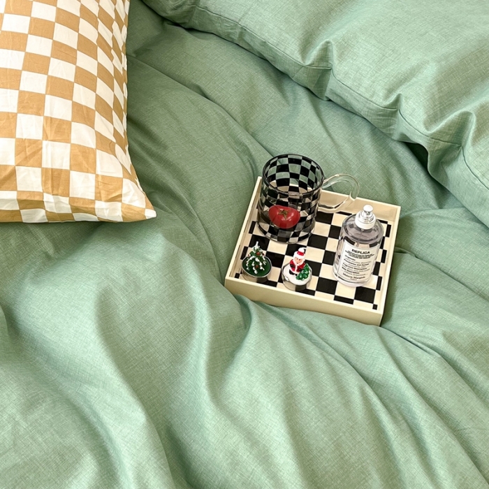 91家纺网 家纺一手货源 找家纺 昔可2022新款混搭纯色棋盘格套件四件套 果绿黄棋盘